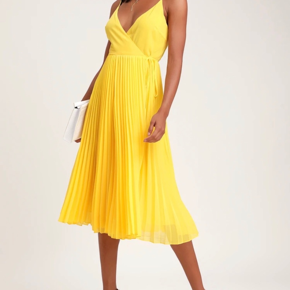 Yellow Pleated Wrap Midi Dress